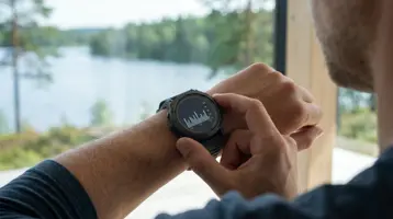 Mann sjekker HRV-grafen på sportsklokken sin foran et vindu mot skog og vann